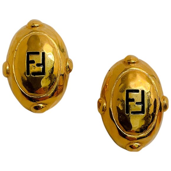Fendi Vintage Gold Plated Earrings with Black Logo - Picture 1 of 4